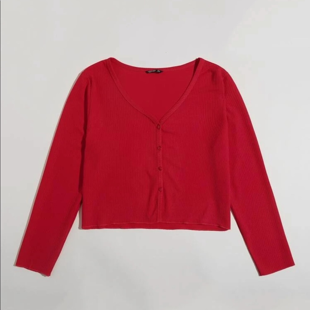 Red Button-Front Ribbed Top - NWOT - Picture 2 of 8
